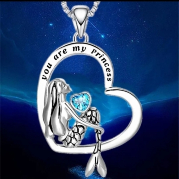 Necklace Mermaid 'you are my princess ' blue stone heart shape new - Picture 4 of 5